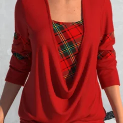 Plus Size Plaid Drawstring Red Square Neck Long Sleeve Sweatshirt