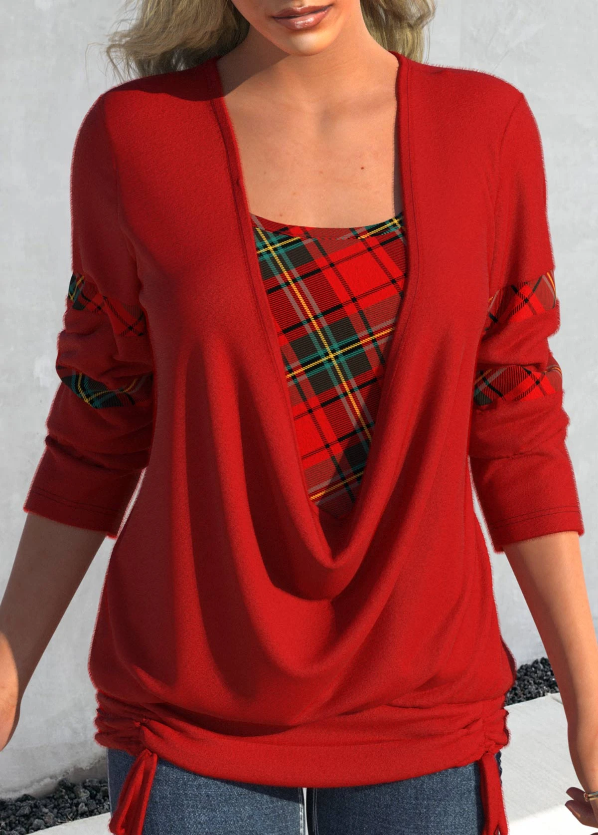 Plus Size Plaid Drawstring Red Square Neck Long Sleeve Sweatshirt 1 Plus Size Plaid Drawstring Red Square Neck Long Sleeve Sweatshirt