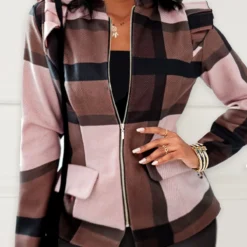 Plus Size Plaid Zipper Multi Color High Neck Jacket