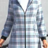 Plus Size Plaid Zipper Light Blue Hooded Long Sleeve Jacket