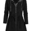 Black Plus Size Drawstring Long Sleeve Hooded Coat