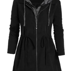 Black Plus Size Drawstring Long Sleeve Hooded Coat