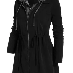 Black Plus Size Drawstring Long Sleeve Hooded Coat -Rosewe Online Store 316816 P 1665554432080