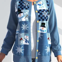 Blue Plus Size Patchwork Christmas Print Cardigan