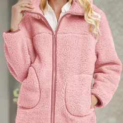 Plus Size Plush Turn Down Collar Long Sleeve Pink Coat