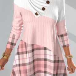 Plus Size Plaid Asymmetrical Neck Pink Long Sleeve Sweatshirt