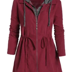 Wine Red Plus Size Drawstring Long Sleeve Coat