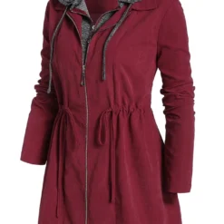 Wine Red Plus Size Drawstring Long Sleeve Coat -Rosewe Online Store 317425 P 1665725803338