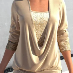 Champagne Square Neck Long Sleeve Sequin T Shirt