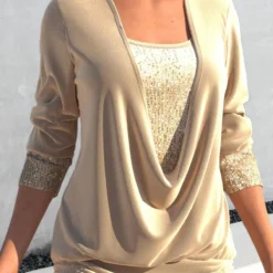 Champagne Square Neck Long Sleeve Sequin T Shirt -Rosewe Online Store 318271 P 1670462216796