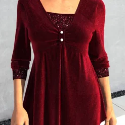 Wine Red Square Neck Sequin T Shirt