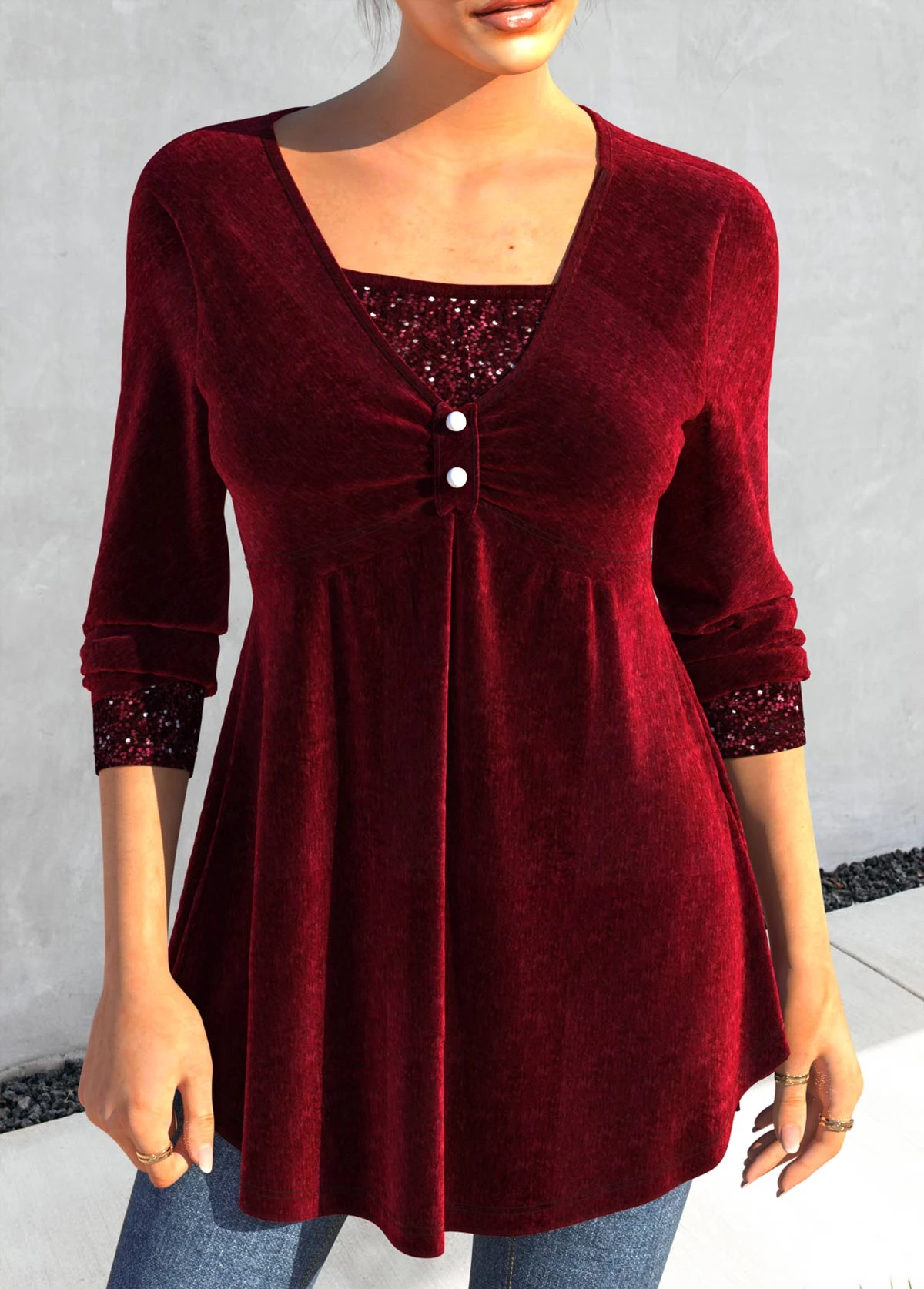 Wine Red Square Neck Sequin T Shirt 1 Wine Red Square Neck Sequin T Shirt