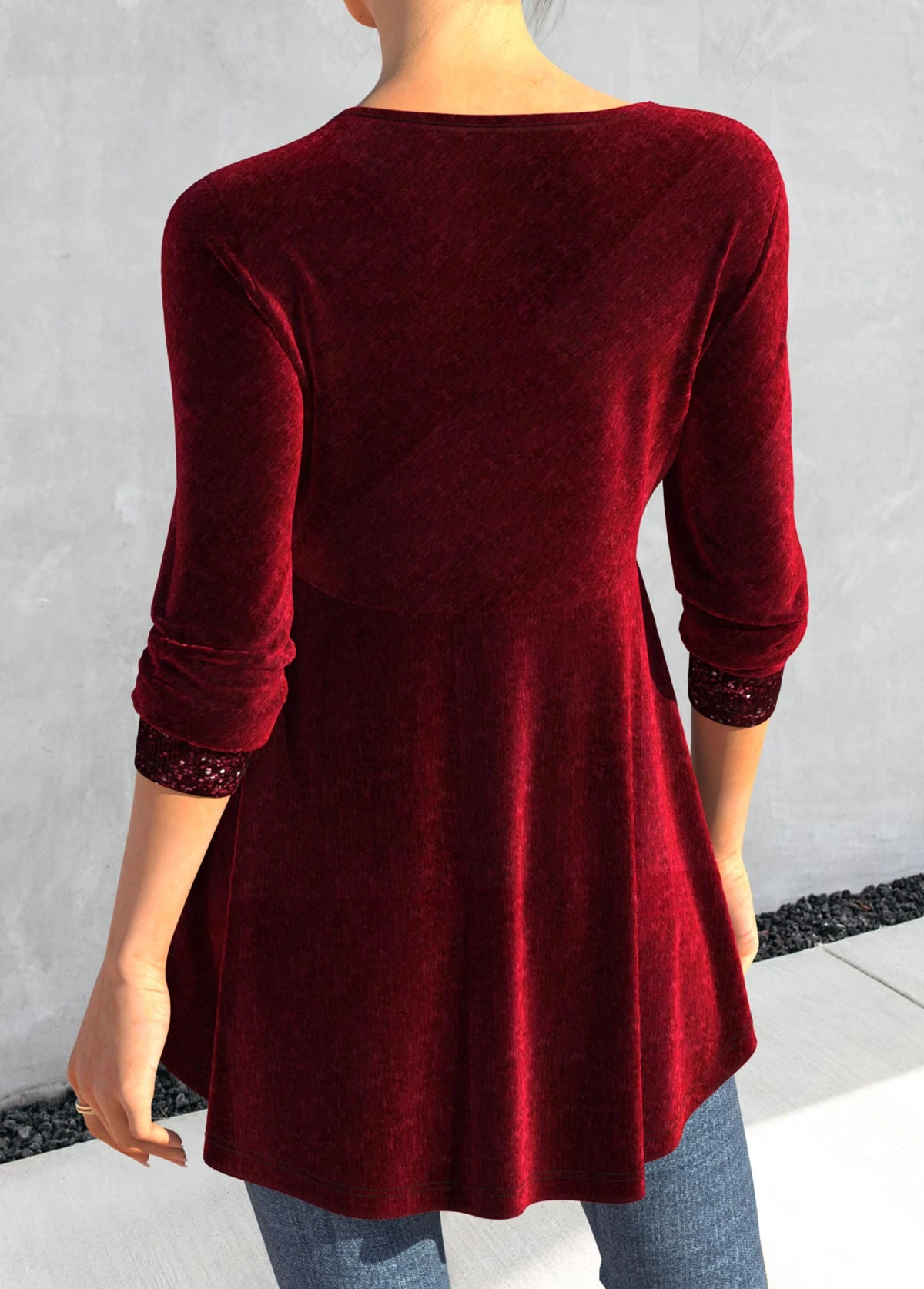 Wine Red Square Neck Sequin T Shirt 2 Wine Red Square Neck Sequin T Shirt - Image 2