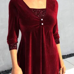 Wine Red Square Neck Sequin T Shirt 5 Wine Red Square Neck Sequin T Shirt -Rosewe Online Store 318640 P 1667270673649