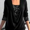 Sequin Square Neck Black Long Sleeve T Shirt