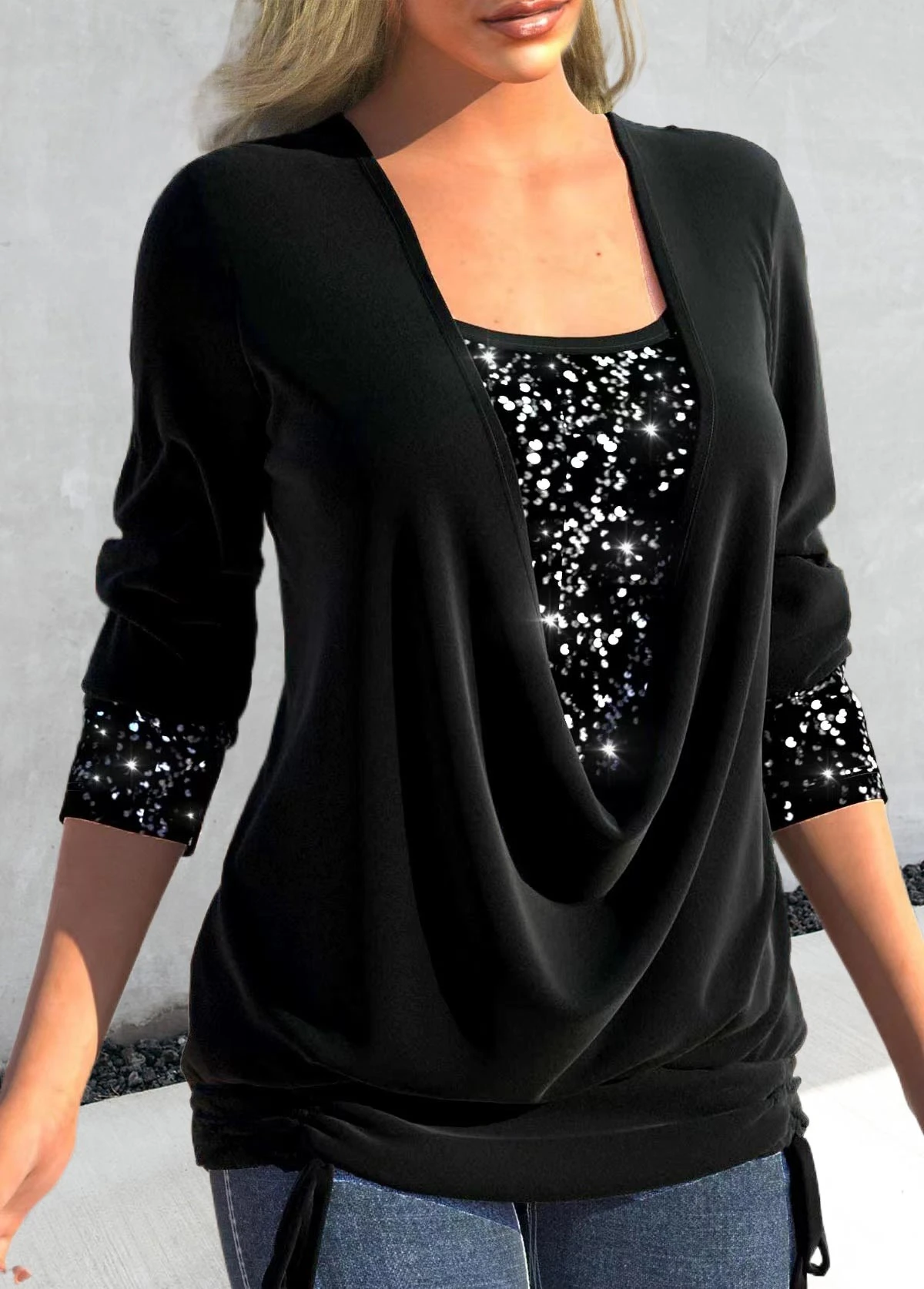 Sequin Square Neck Black Long Sleeve T Shirt 3 Sequin Square Neck Black Long Sleeve T Shirt - Image 3