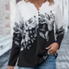 Floral Print Button Black Split Neck T Shirt