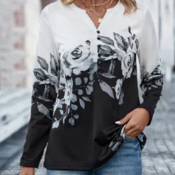 Floral Print Button Black Split Neck T Shirt