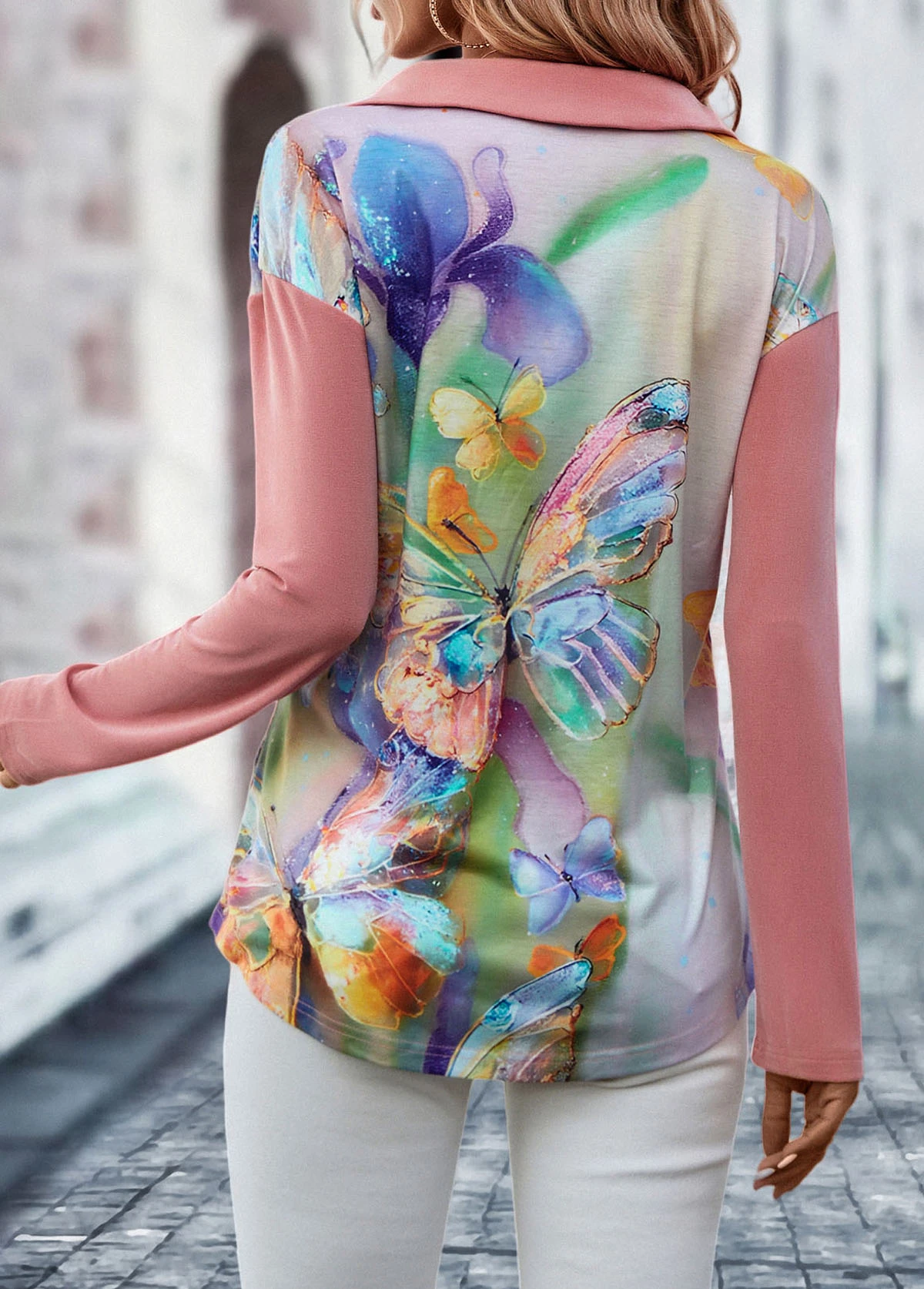 Butterfly Print Polo Collar Pink Blouse 2 Butterfly Print Polo Collar Pink Blouse - Image 2