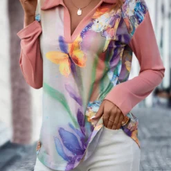 Butterfly Print Polo Collar Pink Blouse 8 Butterfly Print Polo Collar Pink Blouse -Rosewe Online Store 321376 P 16733298005542