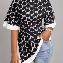 Geometric Print Asymmetry Black Round Neck Blouse