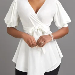 Short Sleeve Asymmetry White V Neck Belted Blouse -Rosewe Online Store 322814 P 16759465176563