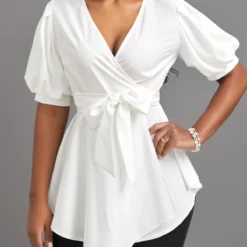 Short Sleeve Asymmetry White V Neck Belted Blouse
