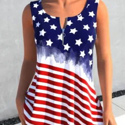 American Flag Print Zipper Navy Tank Top
