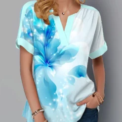 Blue Split Neck Short Sleeve Floral Print Blouse