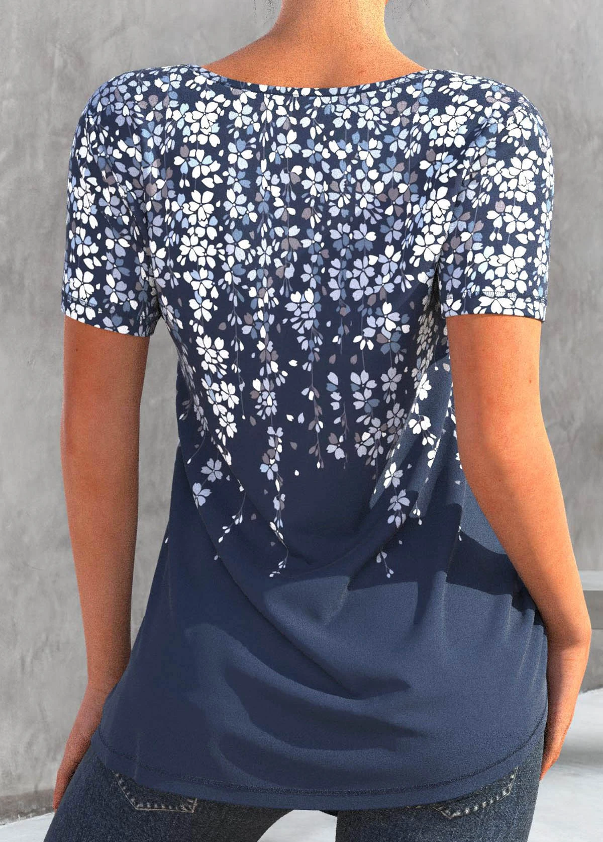 Floral Print Asymmetry Denim Blue T Shirt 2 Floral Print Asymmetry Denim Blue T Shirt - Image 2