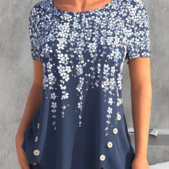 Floral Print Asymmetry Denim Blue T Shirt 5 Floral Print Asymmetry Denim Blue T Shirt -Rosewe Online Store 325019 P 1677147326974