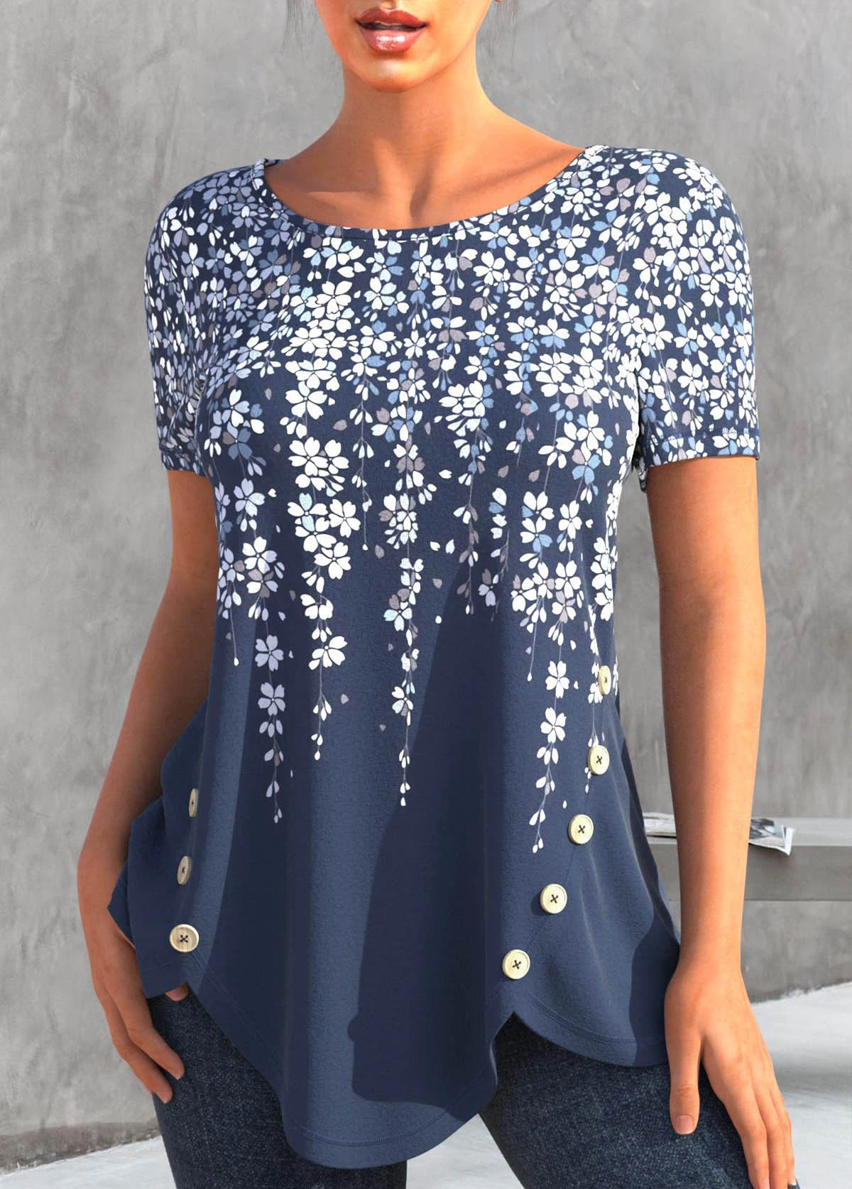 Floral Print Asymmetry Denim Blue T Shirt 3 Floral Print Asymmetry Denim Blue T Shirt - Image 3