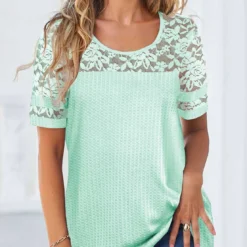 Mint Green Lace Round Neck T Shirt