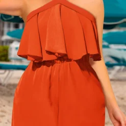 Orange Plus Size Ruffle Sleeveless Cross Collar Romper