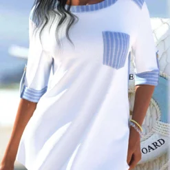 Plus Size Light Blue Pocket Striped Blouse