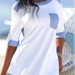 Plus Size Light Blue Pocket Striped Blouse -Rosewe Online Store 325908 P 1675852599285