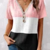 Plus Size Pink Patchwork Short Sleeve T Shirt