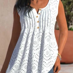 Tuck Stitch Split Neck White Tank Top