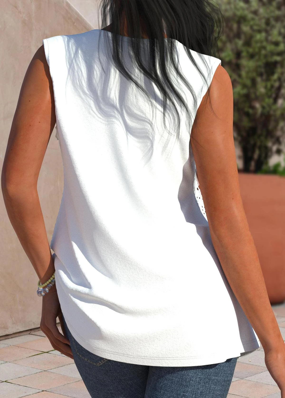 Tuck Stitch Split Neck White Tank Top 2 Tuck Stitch Split Neck White Tank Top - Image 2