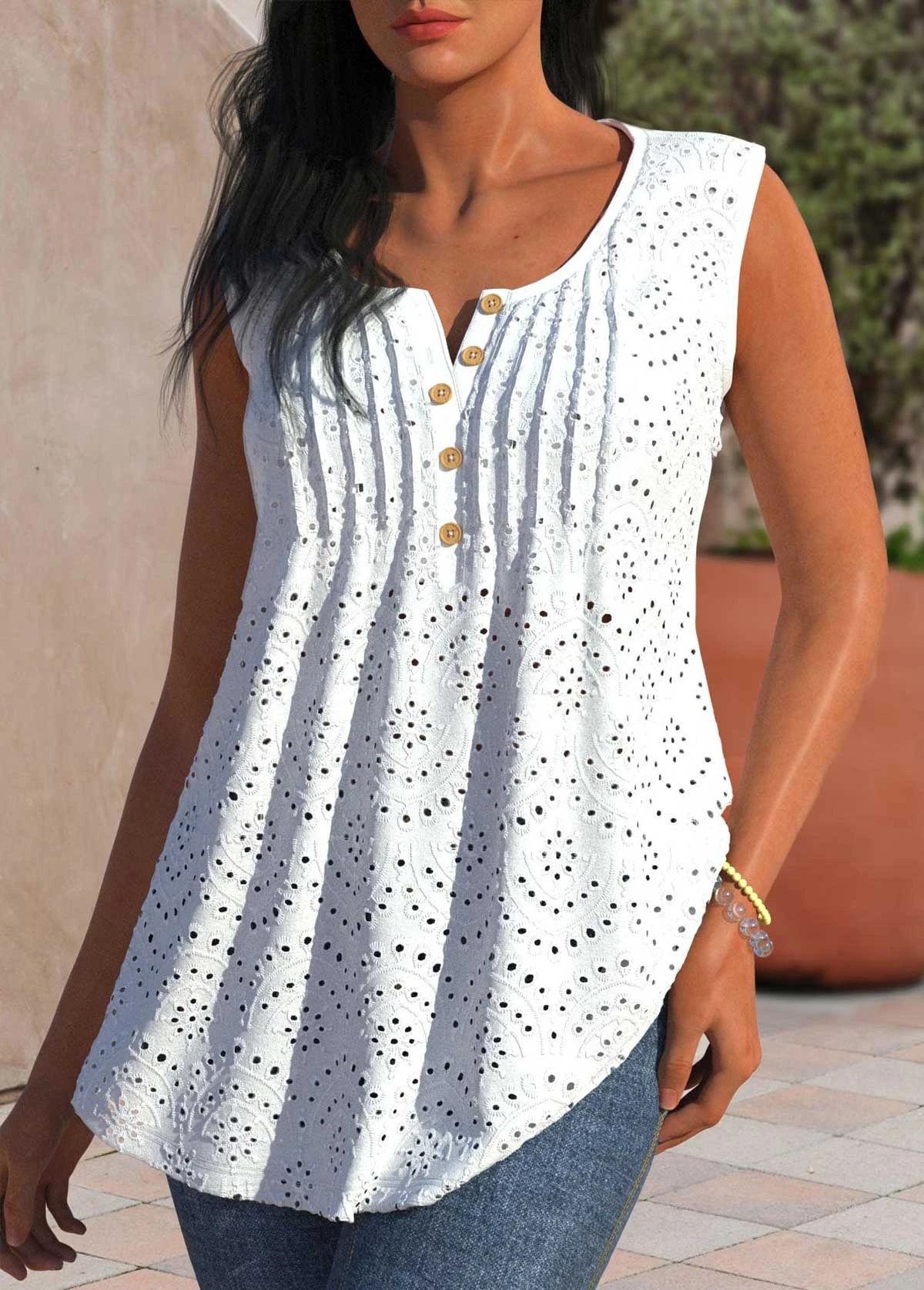 Tuck Stitch Split Neck White Tank Top 3 Tuck Stitch Split Neck White Tank Top - Image 3