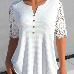 Tuck Stitch Split Neck Half Sleeve White Blouse