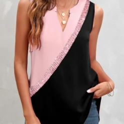Patchwork Split Neck Pink Tank Top