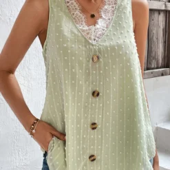 Light Green Patchwork V Neck Lace Tank Top -Rosewe Online Store 326377 P 16780773524920