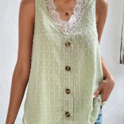 Light Green Patchwork V Neck Lace Tank Top