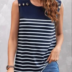 Striped Button Navy Round Neck Tank Top