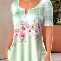 Floral Print Zipper Light Green T Shirt 5 Floral Print Zipper Light Green T Shirt -Rosewe Online Store 326476 P 1676344429662