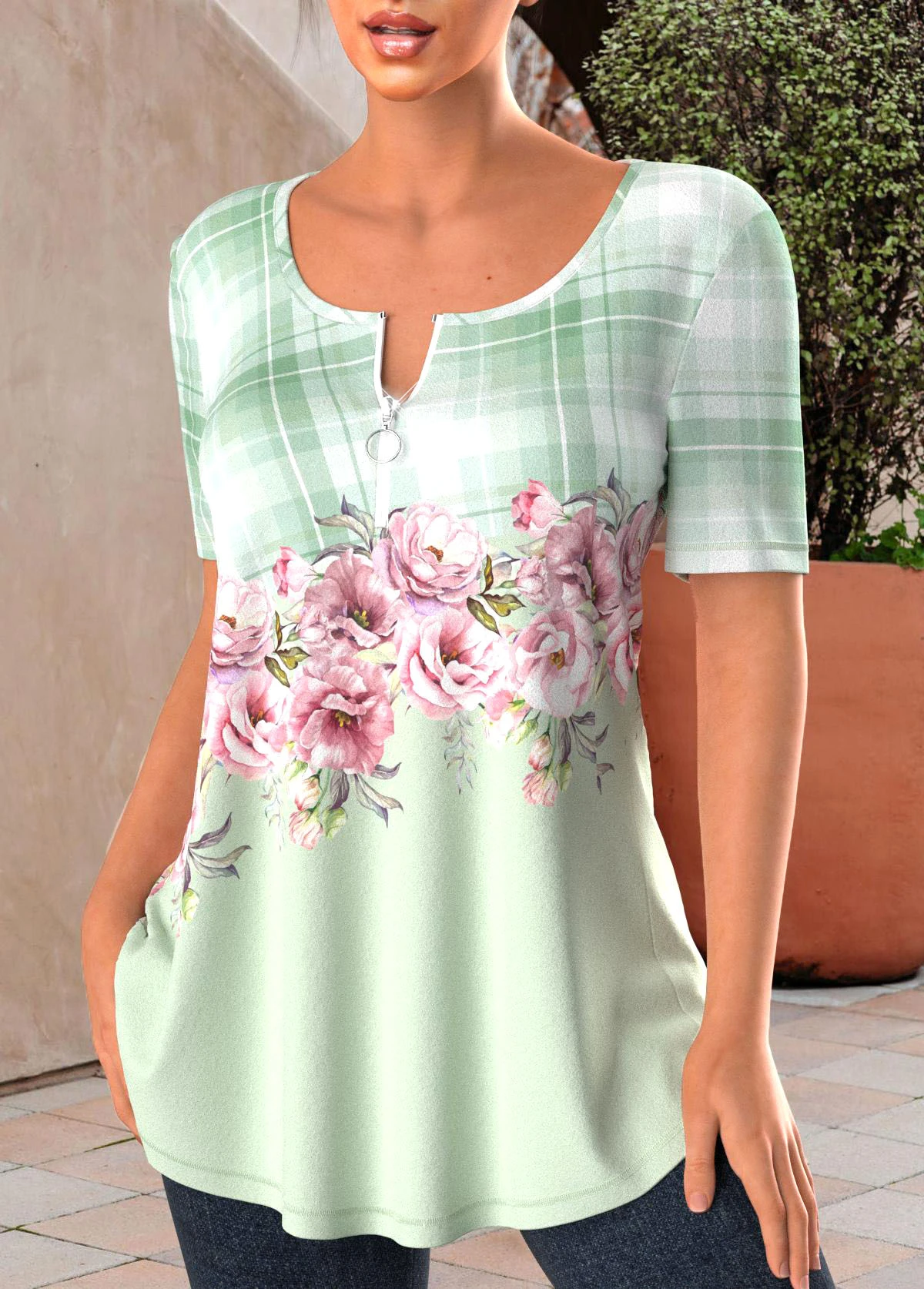 Floral Print Zipper Light Green T Shirt 3 Floral Print Zipper Light Green T Shirt - Image 3