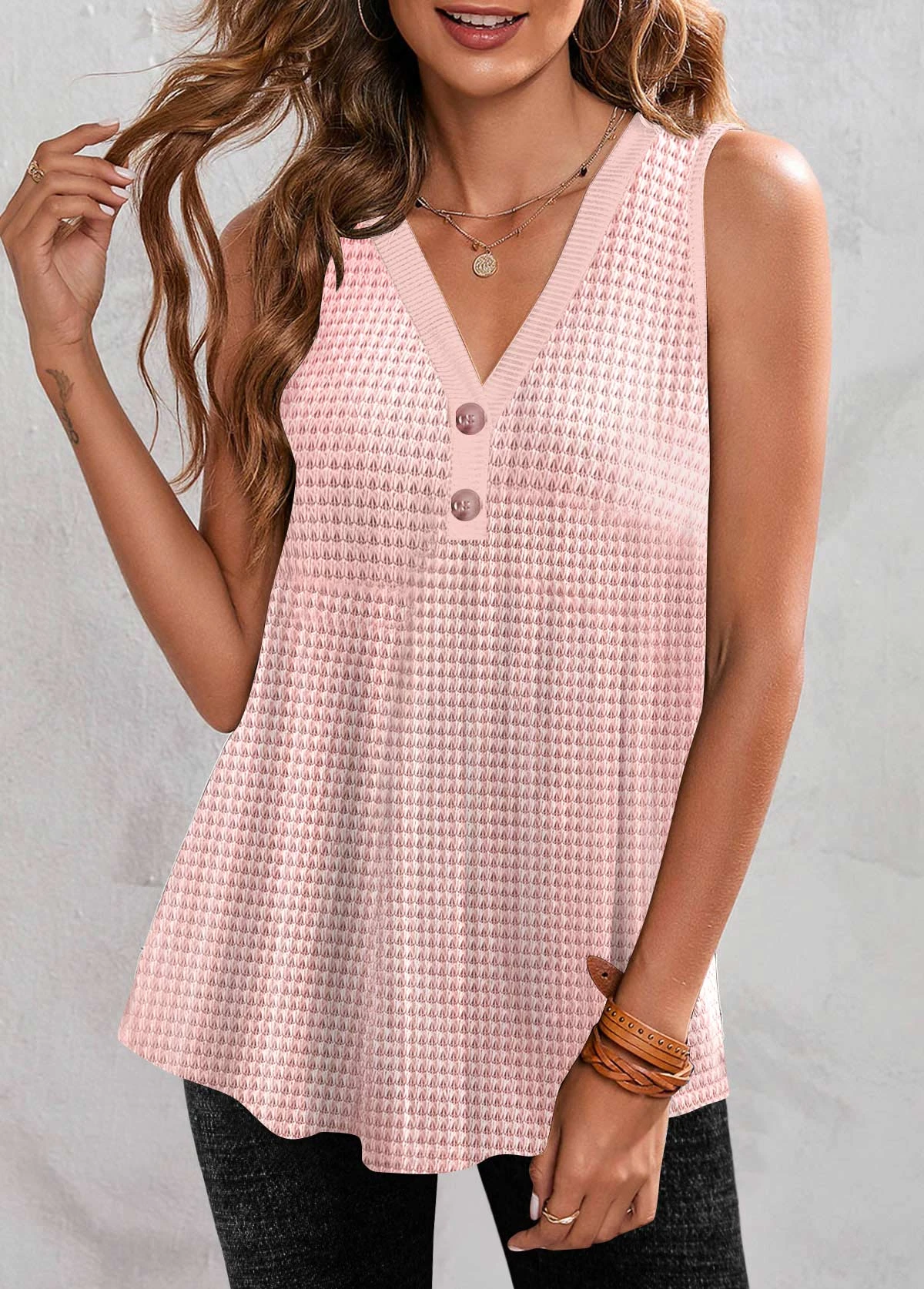 Button V Neck Pink Tank Top 1 Button V Neck Pink Tank Top