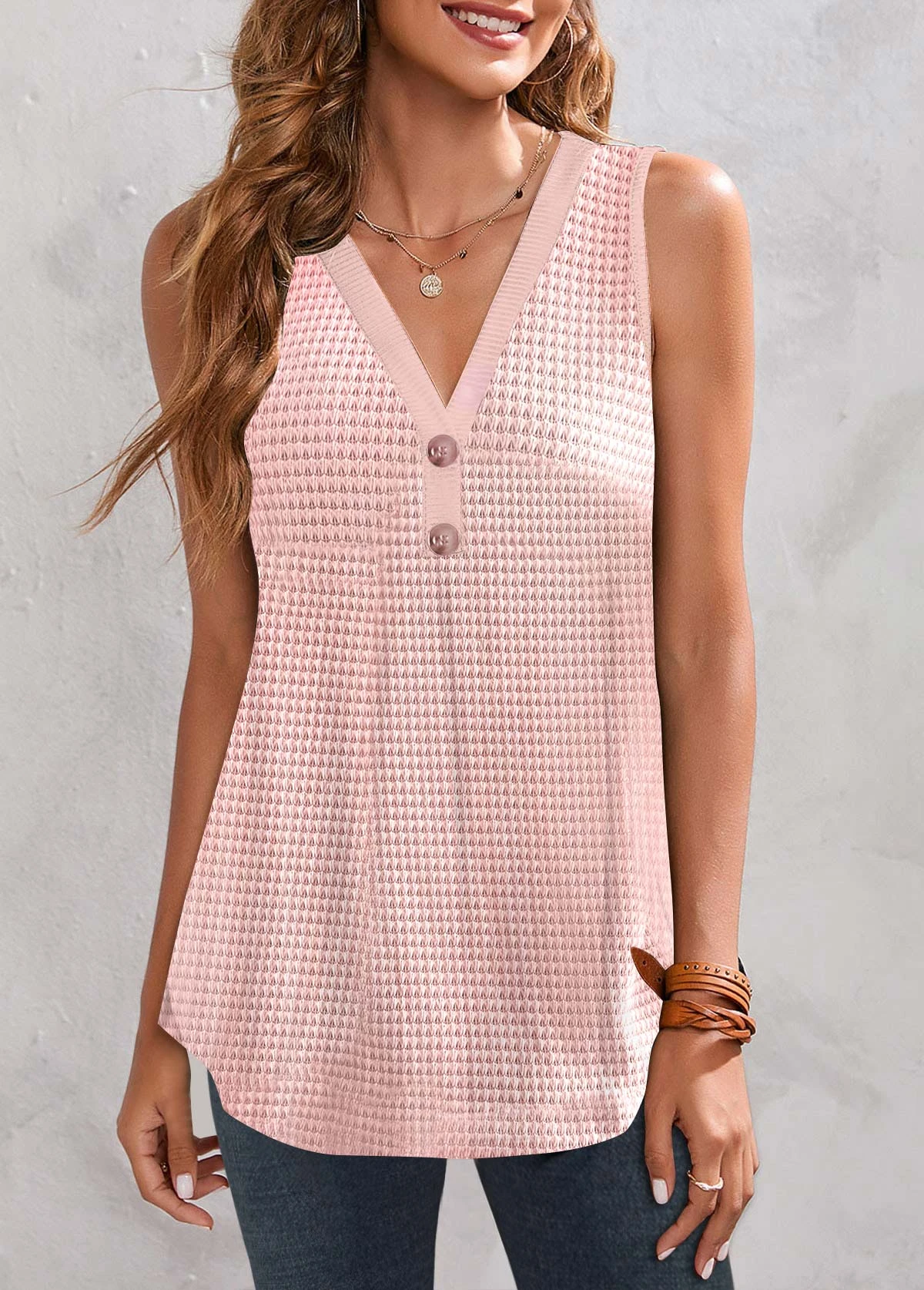 Button V Neck Pink Tank Top 3 Button V Neck Pink Tank Top - Image 3