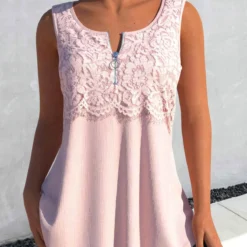 Light Pink Round Neck Lace Tank Top
